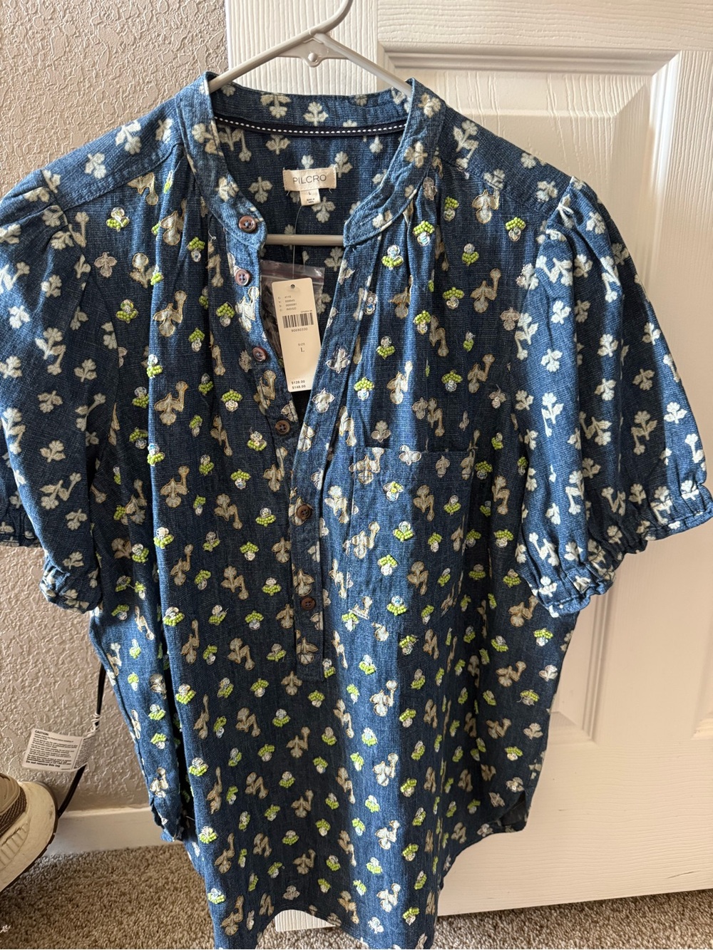 Pilcro Navy Blue Floral Button-Up Short Sleeve Shirt